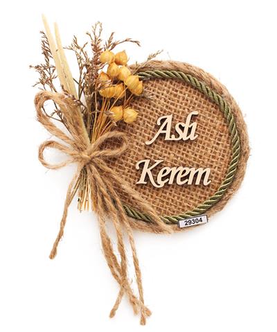 50 Adet 9x9cm Hasır Magnet Doğal Çiçekli  Söz Nişan Düğün Hediyesi Ahşap İsimli Mod.5