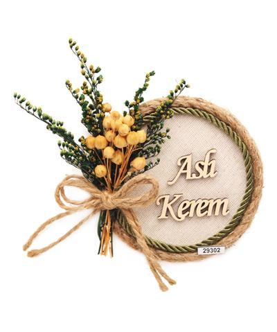 50 Adet 9x9cm Hasır Magnet Doğal Çiçekli  Söz Nişan Düğün Hediyesi  Ahşap İsimli Mod.3