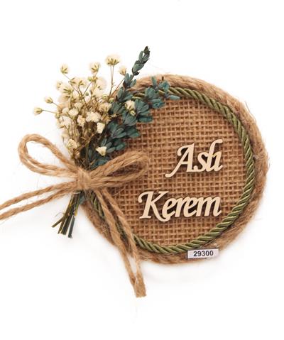 50 Adet 9x9cm Hasır Magnet Doğal Çiçekli  Söz Nişan Düğün Hediyesi  Ahşap İsimli