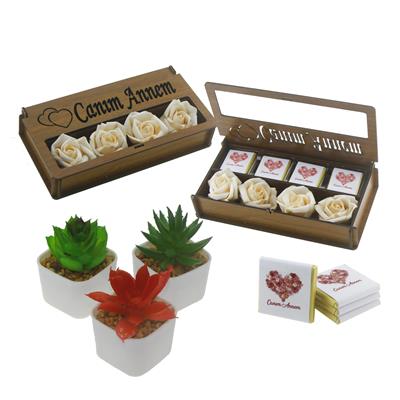 Ahşap Kutuda Canım Annem Çikolata ve 3 Adet Yapay Sukulent Seti