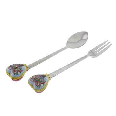 Çiçek Desenli Kalpli Çatal Ve Kaşık 2li Set Tatlı Kaşığı ve Çatalı