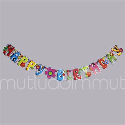 Çiçekli Happy Birthday Flama Bayrak Banner