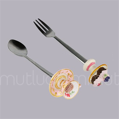 Fincanlı Kaşık Cupcakeli Çatal 2li Set Tatlı Kaşığı ve Çatalı