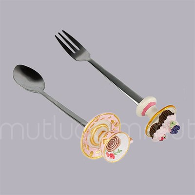 Fincanlı Kaşık Cupcakeli Çatal 2li Set Tatlı Kaşığı ve Çatalı