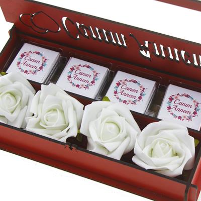 Kırmızı Ahşap Kutuda Çiçekli Canım Annem 12 Adet Çikolata