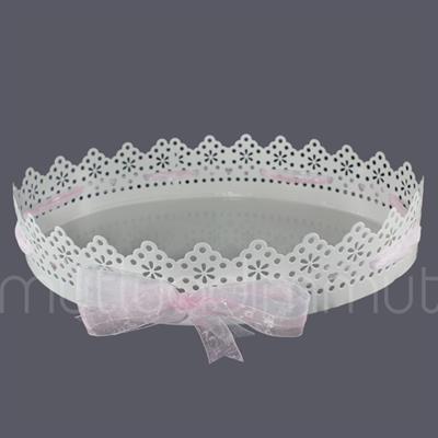 Pembe Kurdelalı Oval Metal Tepsi