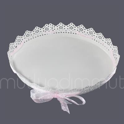 Pembe Kurdelalı Oval Metal Tepsi