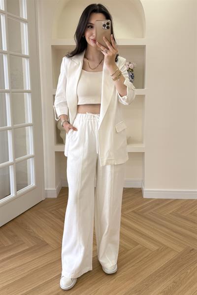BELİ LASTİKLİ KETEN PANTOLON - BEYAZ