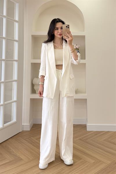 BELİ LASTİKLİ KETEN PANTOLON - BEYAZ
