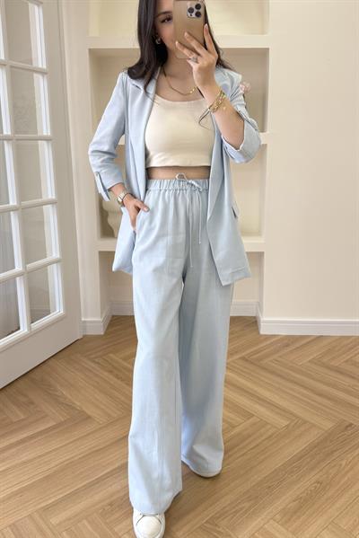 BELİ LASTİKLİ KETEN PANTOLON - MAVİ
