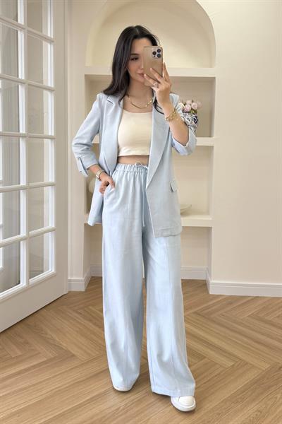 BELİ LASTİKLİ KETEN PANTOLON - MAVİ