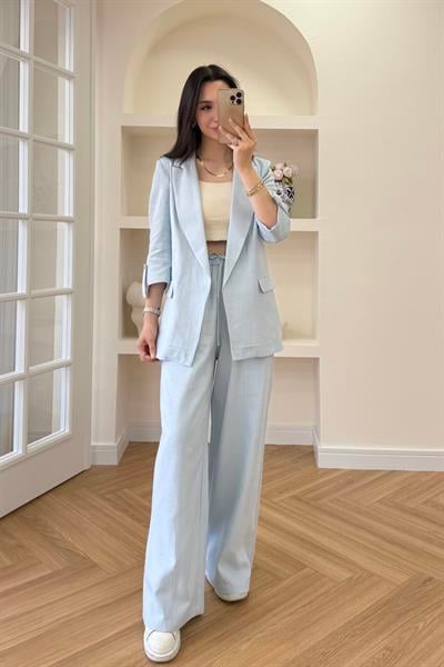 BELİ LASTİKLİ KETEN PANTOLON - MAVİ