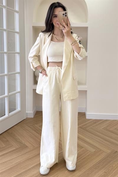 BELİ LASTİKLİ KETEN PANTOLON - SARI