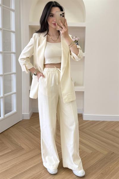 BELİ LASTİKLİ KETEN PANTOLON - SARI