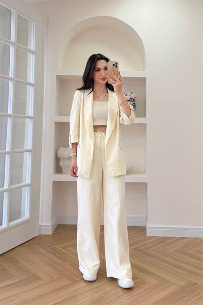 BELİ LASTİKLİ KETEN PANTOLON - SARI