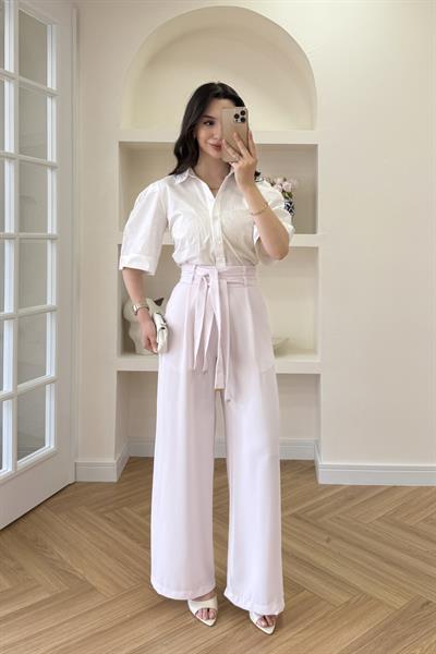 ÇİFT KEMERLİ PALAZZO PANTOLON - PUDRA PEMBE