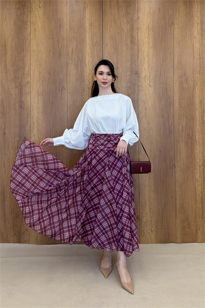 DRAPE DETAYLI EKOSE DESEN ŞİFON ETEK - BORDO
