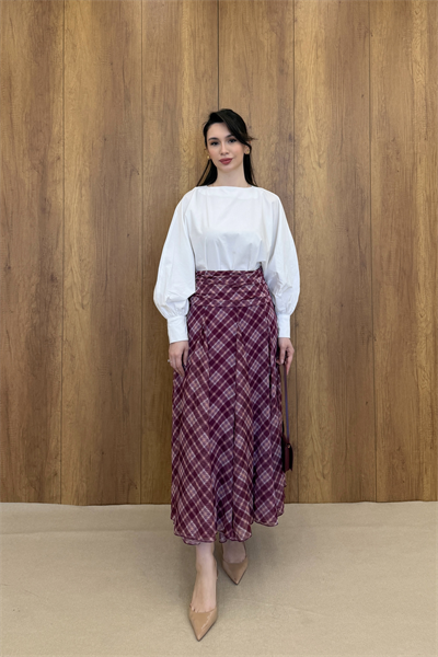DRAPE DETAYLI EKOSE DESEN ŞİFON ETEK - BORDO