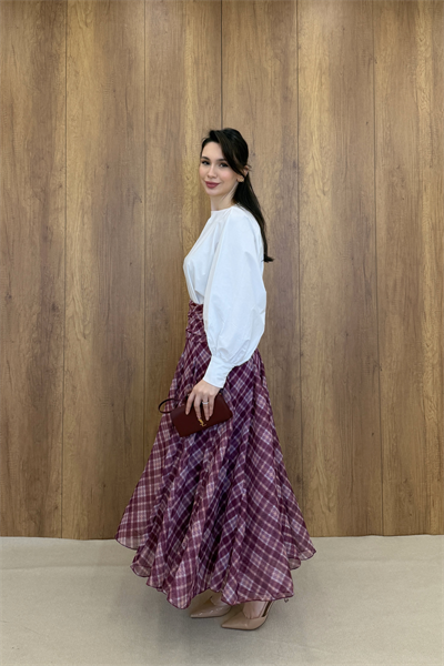DRAPE DETAYLI EKOSE DESEN ŞİFON ETEK - BORDO