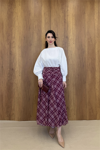 DRAPE DETAYLI EKOSE DESEN ŞİFON ETEK - BORDO