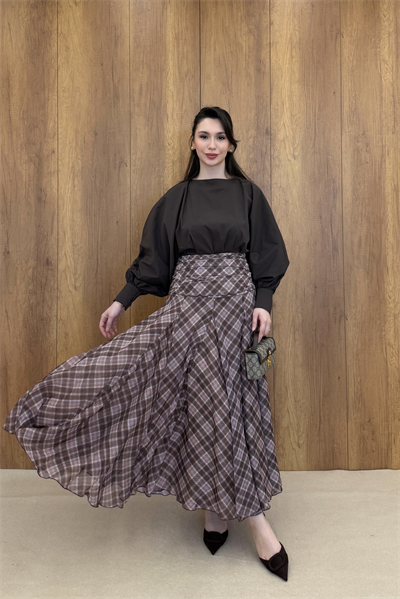 DRAPE DETAYLI EKOSE DESEN ŞİFON ETEK - KAHVERENGİ