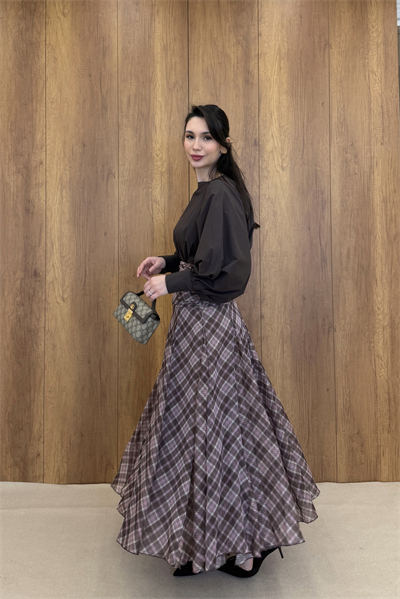 DRAPE DETAYLI EKOSE DESEN ŞİFON ETEK - KAHVERENGİ