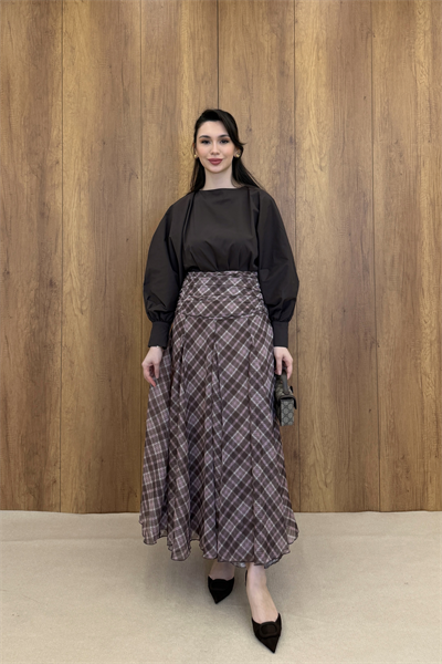 DRAPE DETAYLI EKOSE DESEN ŞİFON ETEK - KAHVERENGİ