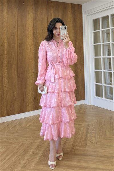 FIRFIRLI KAT KAT ELBİSE - PEMBE