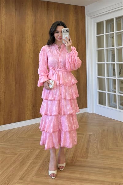 FIRFIRLI KAT KAT ELBİSE - PEMBE