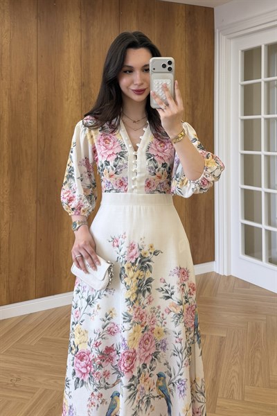 FLORAL DÜĞME DETAYLI ELBİSE 
