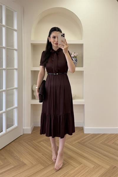 FULAR YAKA BELİ KEMERLİ ELBİSE - BORDO