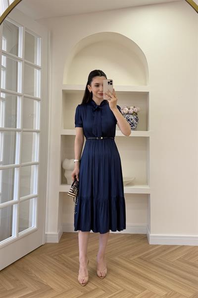 FULAR YAKA BELİ KEMERLİ ELBİSE - LACİVERT