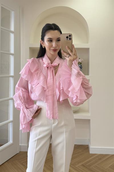 FULAR YAKA FIRFIRLI GÖMLEK - PEMBE