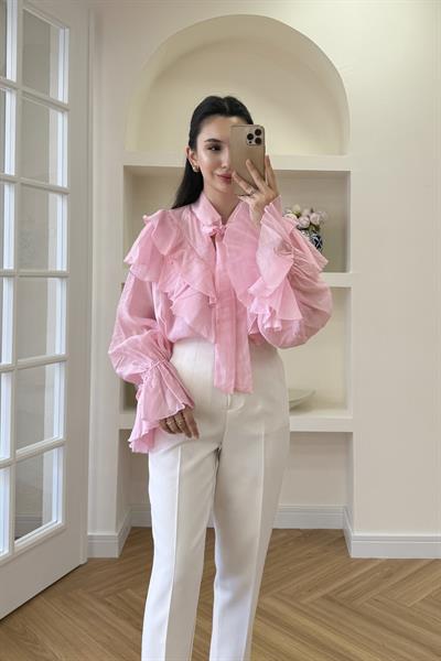FULAR YAKA FIRFIRLI GÖMLEK - PEMBE