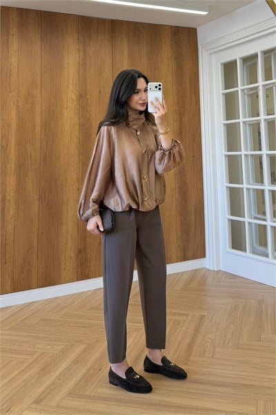 GOLD DÜĞMELİ DİK YAKA BOMBER - BRONZ
