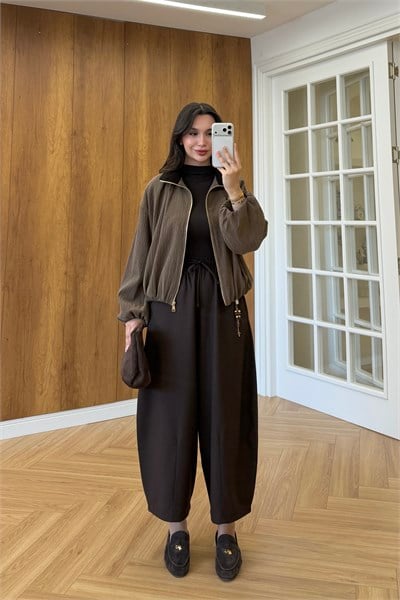 KADİFE YAKA DOKULU BOMBER CEKET - KAHVE