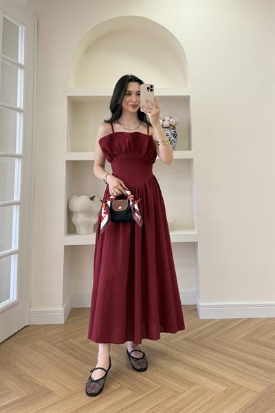KIVRIMLI YAKA BÜSTİYER ELBİSE - BORDO