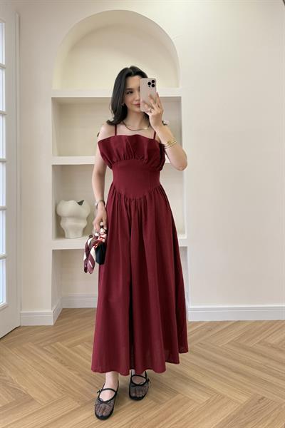KIVRIMLI YAKA BÜSTİYER ELBİSE - BORDO