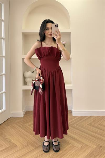 KIVRIMLI YAKA BÜSTİYER ELBİSE - BORDO