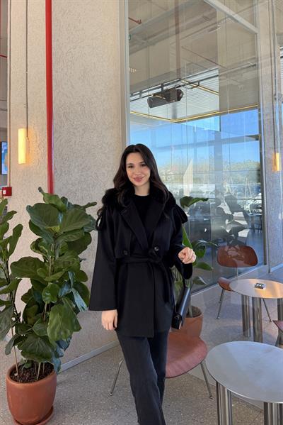 KÜRK YAKALI KAŞE KABAN - SİYAH