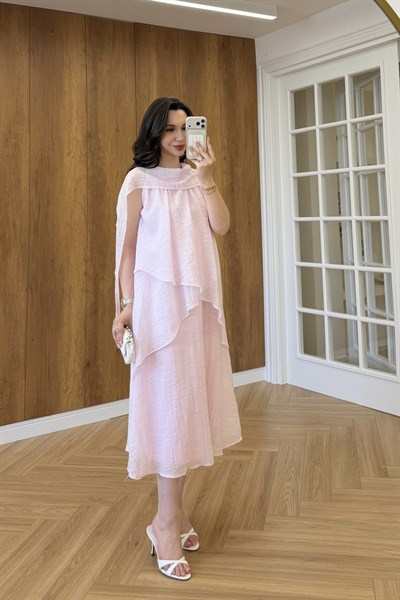 LAURA ŞAL YAKALI ELBİSE - PEMBE