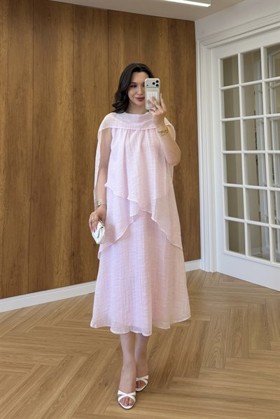 LAURA ŞAL YAKALI ELBİSE - PEMBE