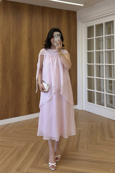 LAURA ŞAL YAKALI ELBİSE - PEMBE