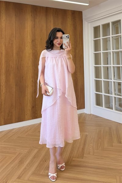 LAURA ŞAL YAKALI ELBİSE - PEMBE