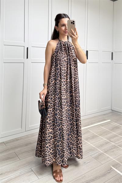 LEOPAR DESEN SIRT DEKOLTELİ ELBİSE