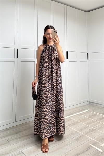 LEOPAR DESEN SIRT DEKOLTELİ ELBİSE