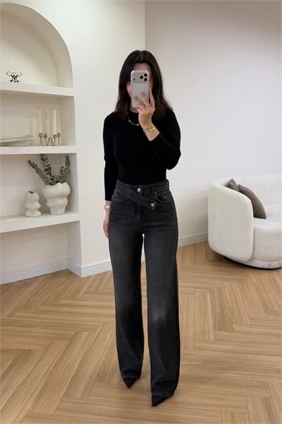 ÖN ÇAPRAZ WİDE LEG PANTOLON - FÜME