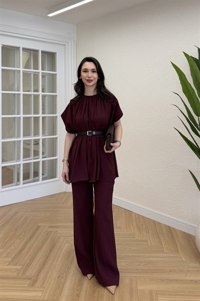 PİLELİ KEMERLİ BLUZ PANTOLON TAKIM - BORDO
