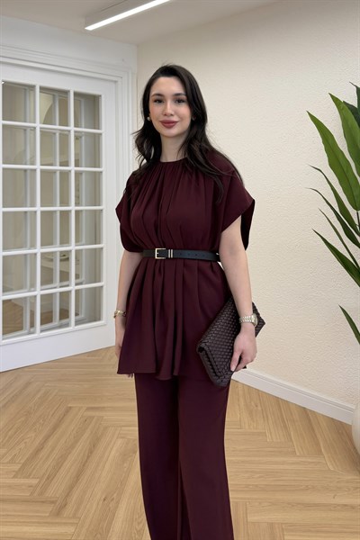 PİLELİ KEMERLİ BLUZ PANTOLON TAKIM - BORDO