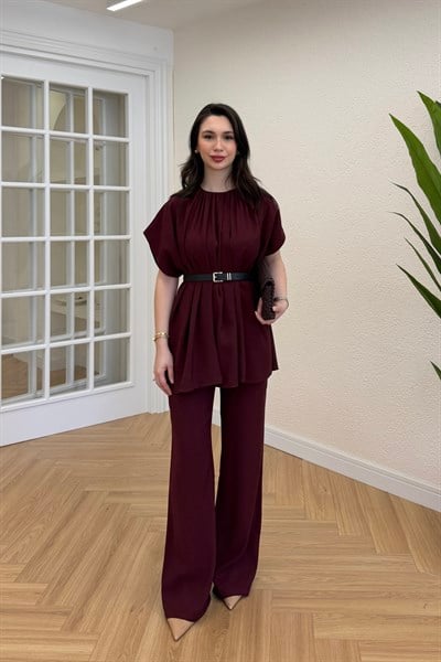 PİLELİ KEMERLİ BLUZ PANTOLON TAKIM - BORDO